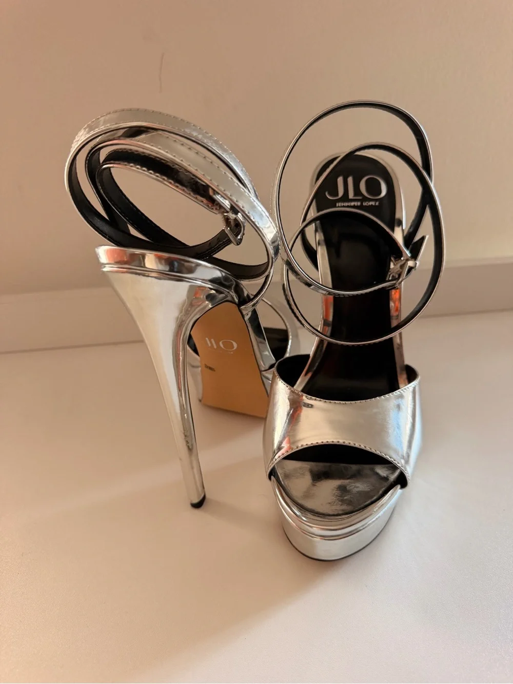 Jennifer Lopez Metallic Silver Platform Sandals with Ankle Straps